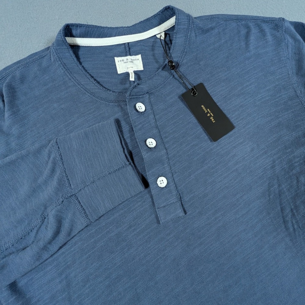 Rag & Bone Classic Henley Mens XL Worn Indigo Blue Long Sleeve Slub Knit Shirt